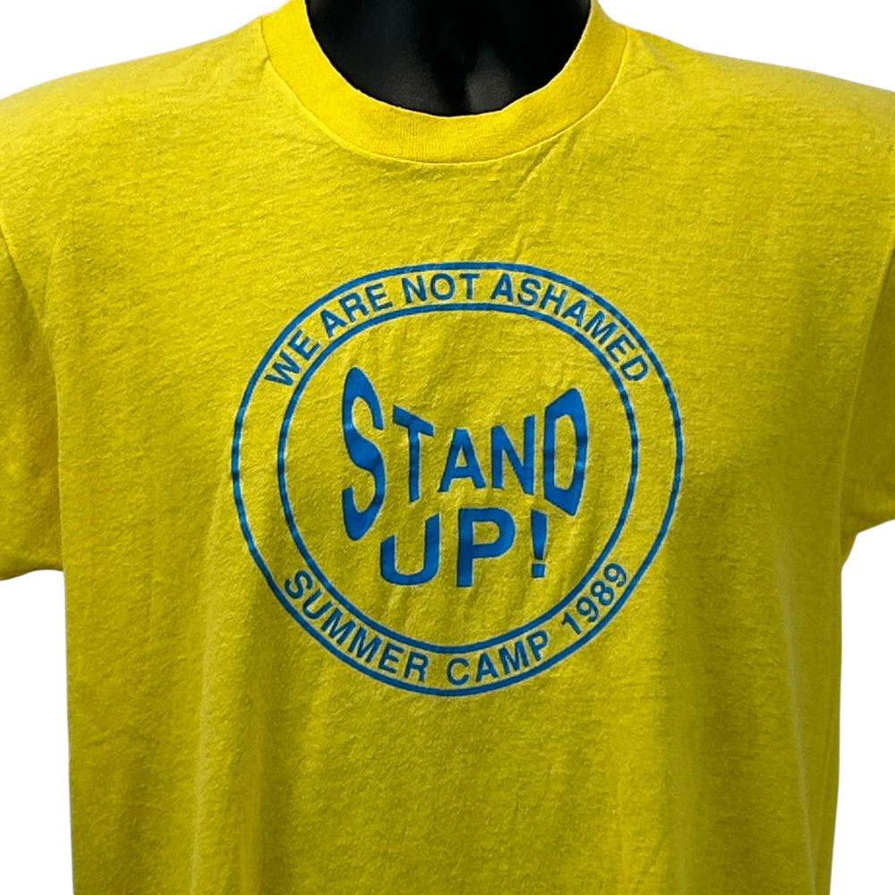 Vintage 80s We Are Not Ashamed Summer Camp T Shirt M Medium Yellow Stand Up 1989
